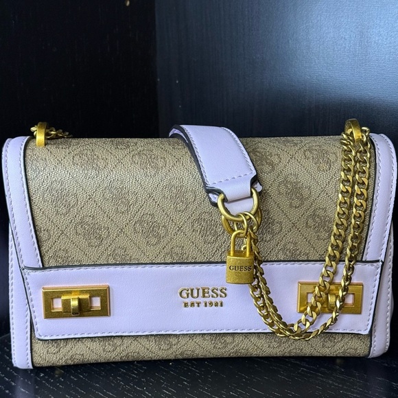 GUESS Katey Flap Shoulder Bag Lilac Rare Quilted Purse Crossbody Lavender Cream - Picture 2 of 15